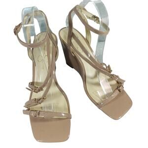 JESSICA SIMPSON! FAWN BEIGE/TAN PATENT LEATHER QUAD STRAP WEDGE HEELS! SZ 9.5M